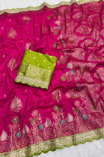 Rani Pink Color Heavy Zari Weaving Dola SIlk Blnd Saree