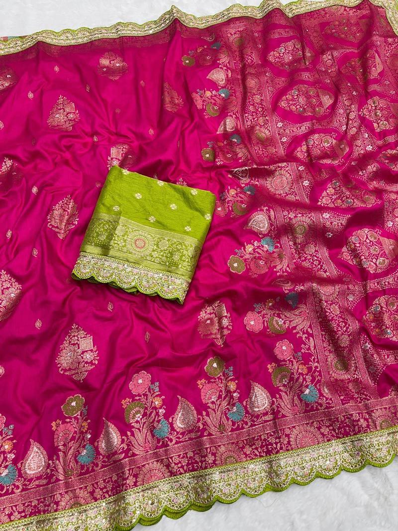 Rani Pink Color Heavy Zari Weaving Dola SIlk Blnd Saree