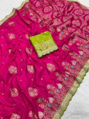 Rani Pink Color Heavy Zari Weaving Dola SIlk Blnd Saree 2