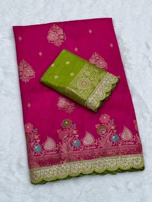 Rani Pink Color Heavy Zari Weaving Dola SIlk Blnd Saree 3