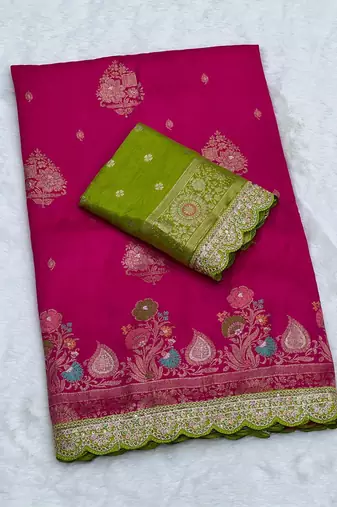 Rani Pink Color Heavy Zari Weaving Dola SIlk Blnd Saree