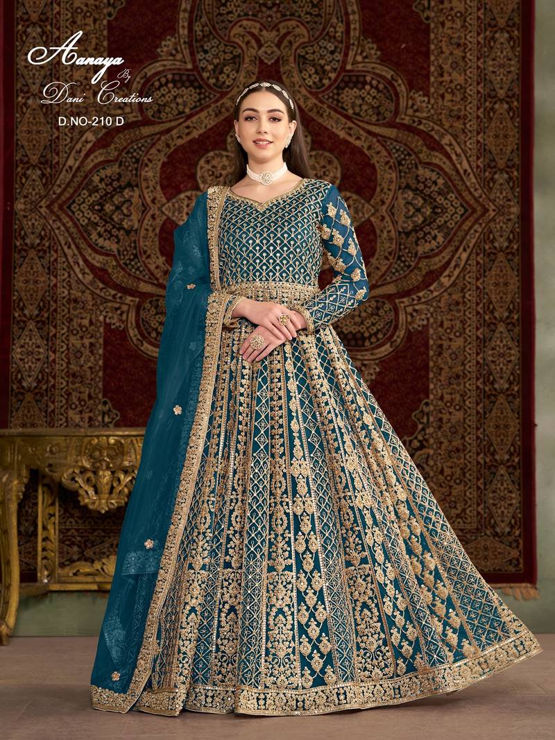 Teal blue net embroidered anarkali salwar kameez