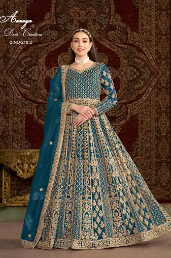 Teal blue net embroidered anarkali salwar kameez