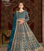 Teal blue net embroidered anarkali salwar kameez