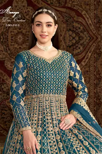 Teal blue net embroidered anarkali salwar kameez