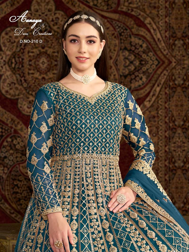 Teal blue net embroidered anarkali salwar kameez