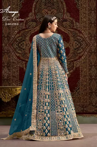 Teal blue net embroidered anarkali salwar kameez