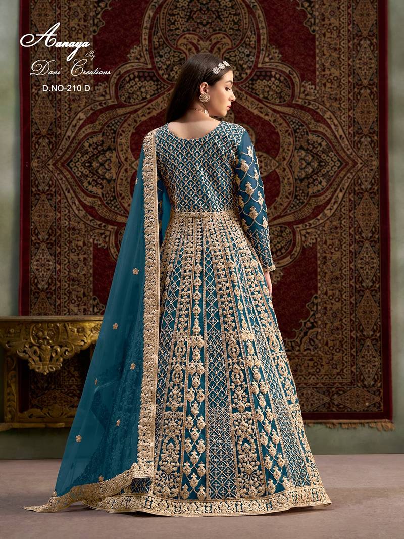 Teal blue net embroidered anarkali salwar kameez