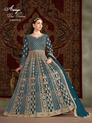 Teal blue net embroidered anarkali salwar kameez 4