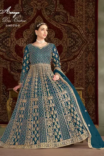 Teal blue net embroidered anarkali salwar kameez