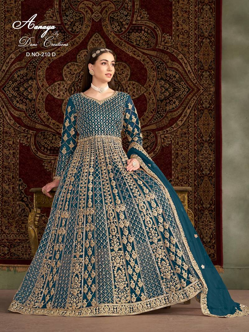 Teal blue net embroidered anarkali salwar kameez