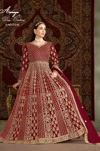 Red net embroidered anarkali salwar kameez