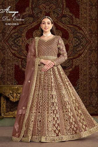Brown net embroidered anarkali salwar kameez 