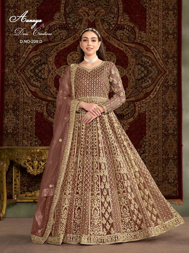Brown net embroidered anarkali salwar kameez 