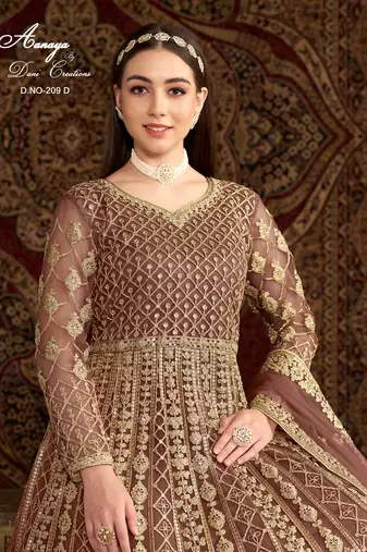 Brown net embroidered anarkali salwar kameez 