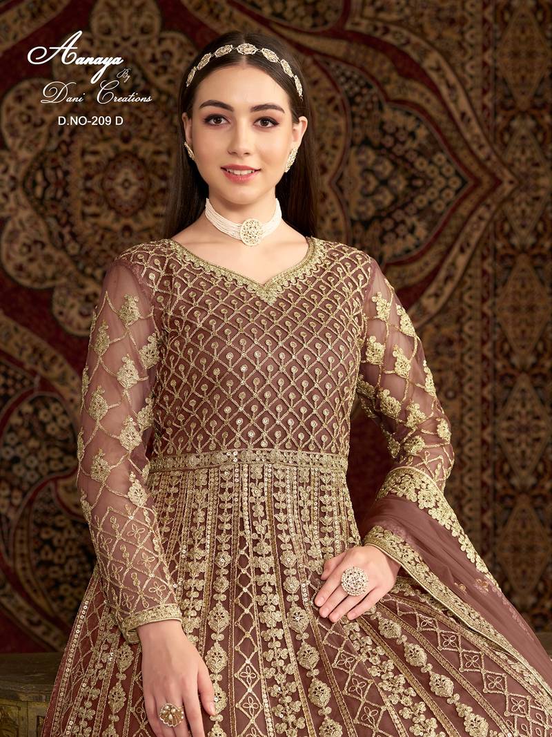 Brown net embroidered anarkali salwar kameez 