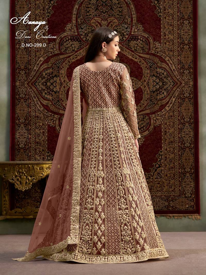 Brown net embroidered anarkali salwar kameez 