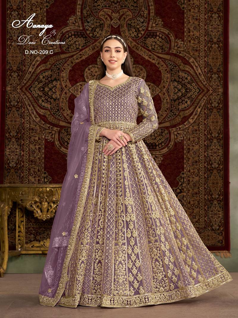 Lavender net embroidered anarkali salwar kameez 