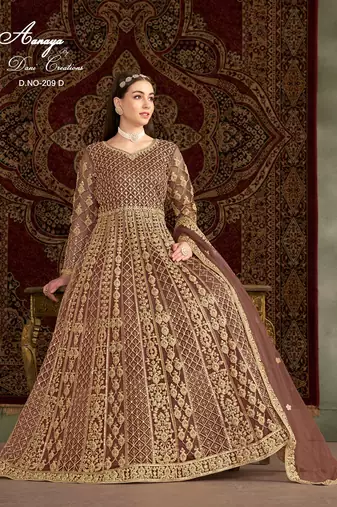 Brown net embroidered anarkali salwar kameez 