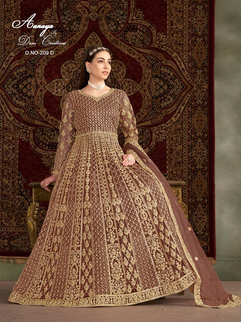Brown net embroidered anarkali salwar kameez 