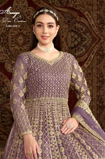 Lavender net embroidered anarkali salwar kameez 