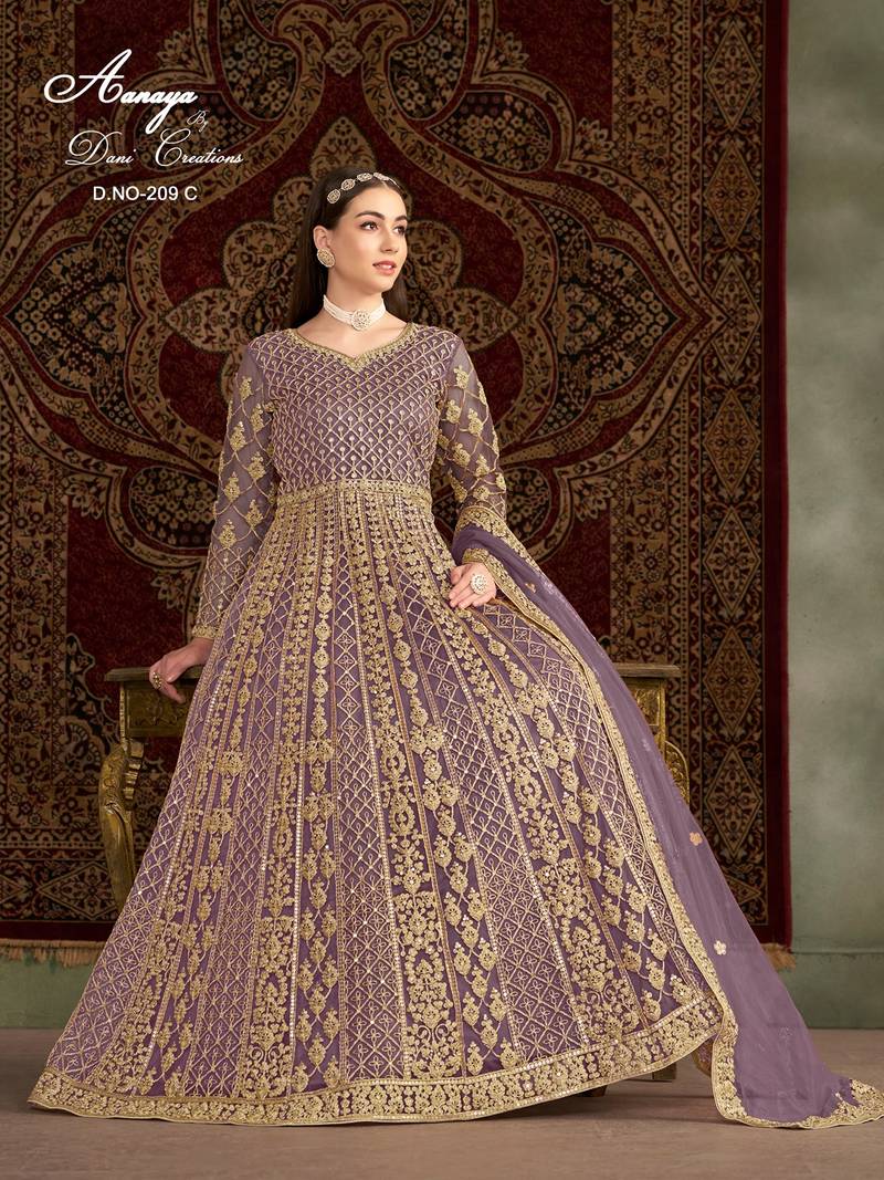 Lavender net embroidered anarkali salwar kameez 