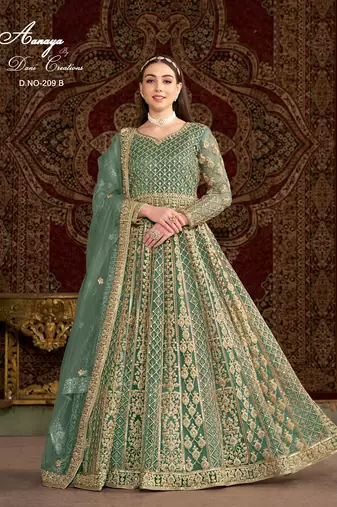 Green net embroidered anarkali salwar kameez 