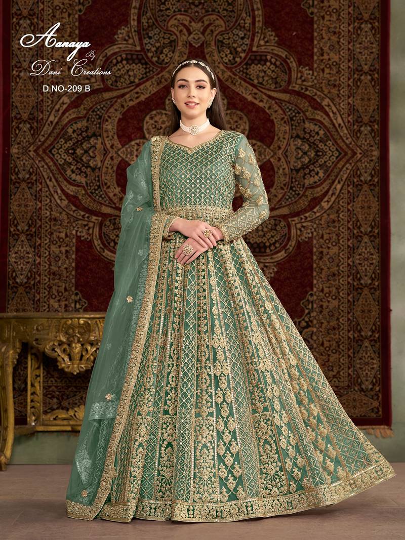 Green net embroidered anarkali salwar kameez 