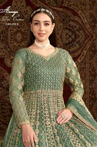 Green net embroidered anarkali salwar kameez 