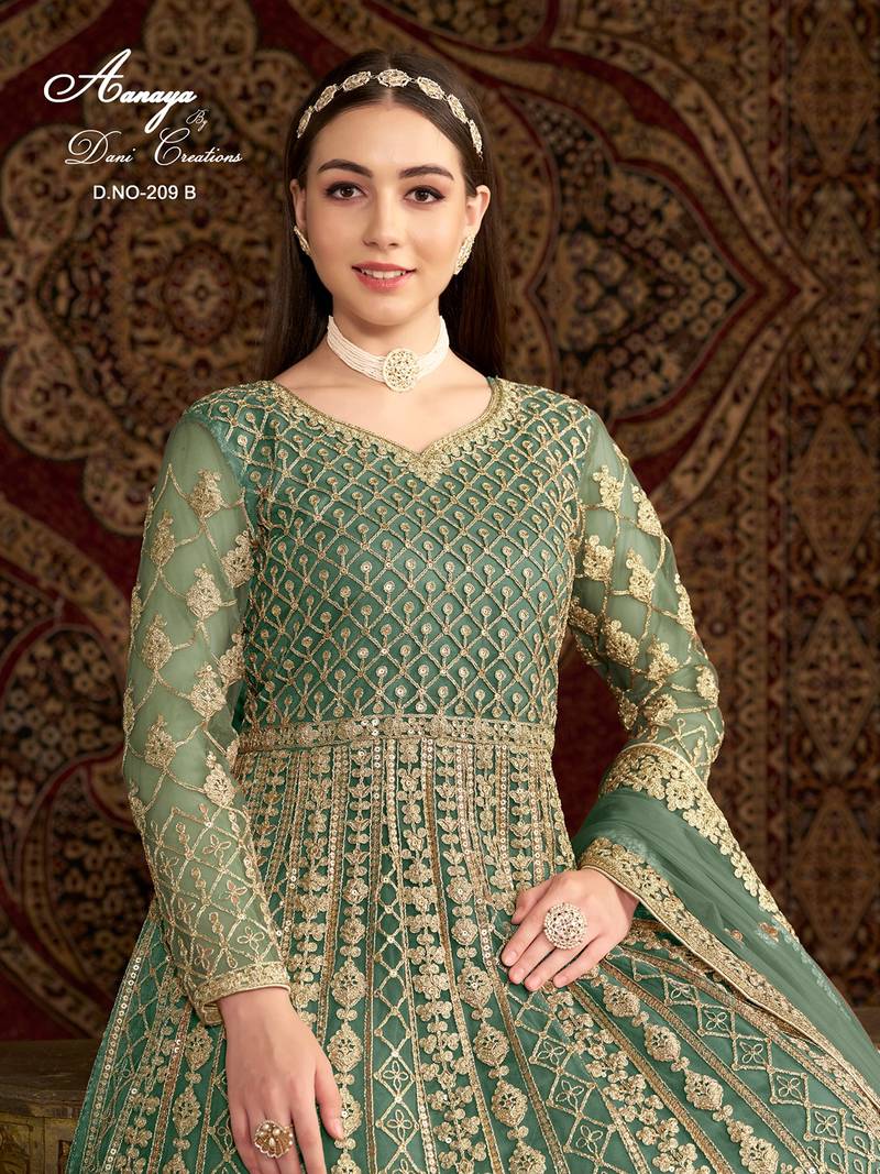 Green net embroidered anarkali salwar kameez 