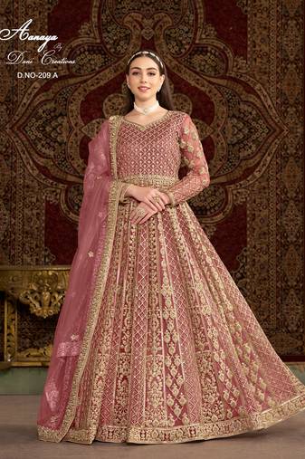Peach net embroidered anarkali salwar kameez 