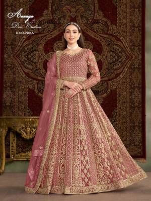 Peach net embroidered anarkali salwar kameez  1