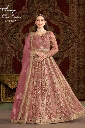 Peach net embroidered anarkali salwar kameez 
