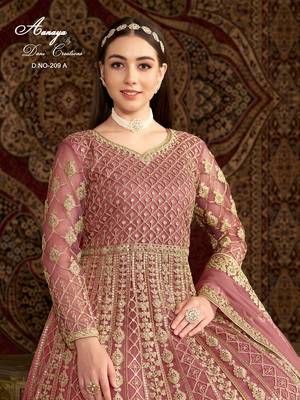 Peach net embroidered anarkali salwar kameez  2