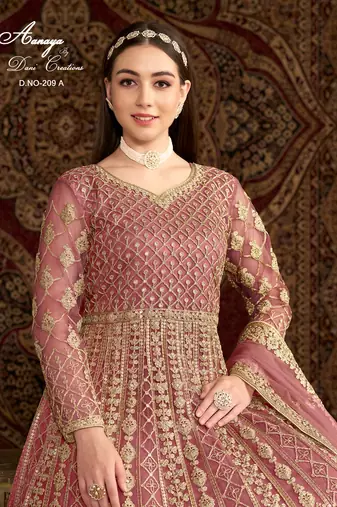 Peach net embroidered anarkali salwar kameez 