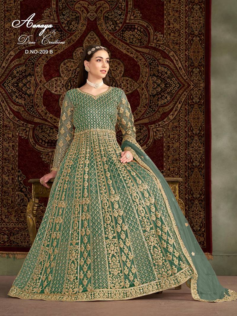 Green net embroidered anarkali salwar kameez 