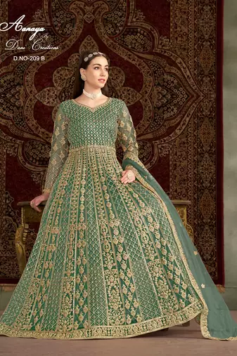 Green net embroidered anarkali salwar kameez 