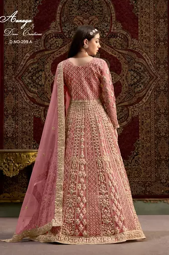 Peach net embroidered anarkali salwar kameez 