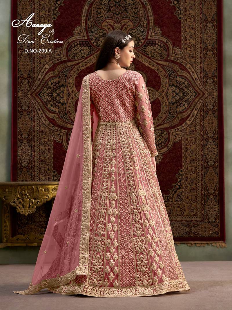 Peach net embroidered anarkali salwar kameez 