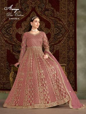Peach net embroidered anarkali salwar kameez  4