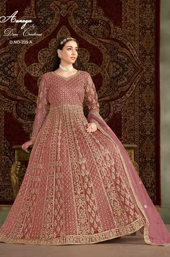 Peach net embroidered anarkali salwar kameez 