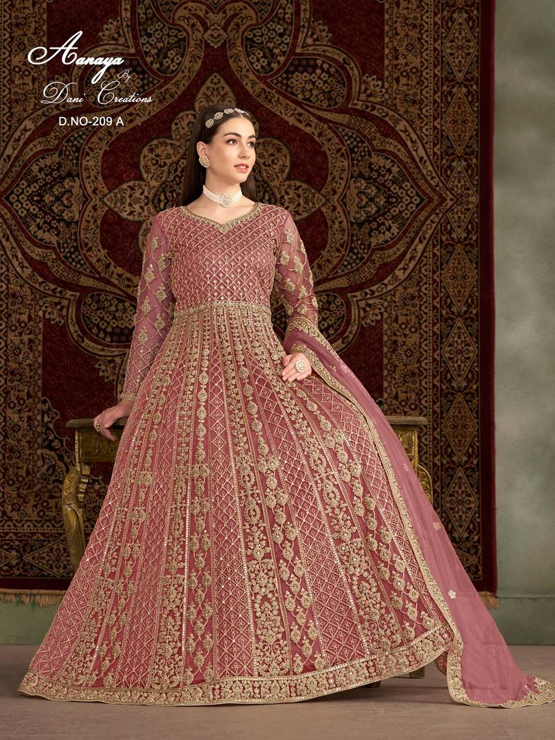 Peach net embroidered anarkali salwar kameez 