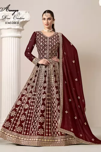 Maroon faux georgette embroidered anarkali salwar kameez 