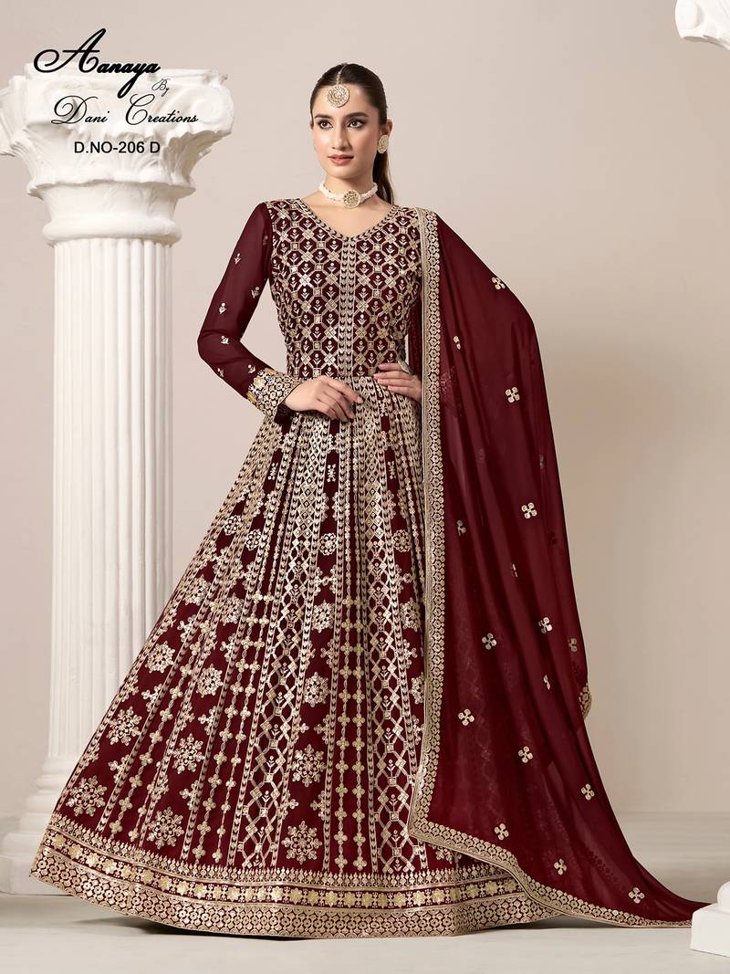 Maroon faux georgette embroidered anarkali salwar kameez 
