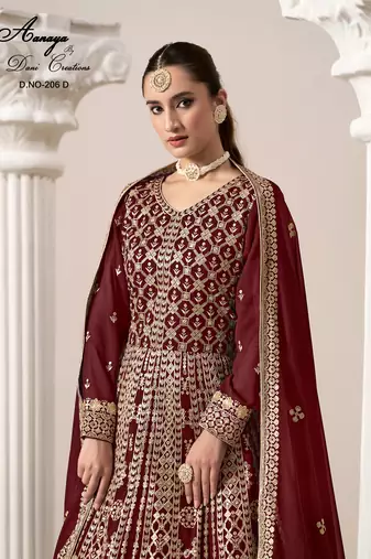 Maroon faux georgette embroidered anarkali salwar kameez 