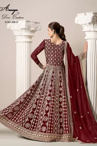 Maroon faux georgette embroidered anarkali salwar kameez 
