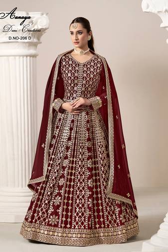 Maroon faux georgette embroidered anarkali salwar kameez 