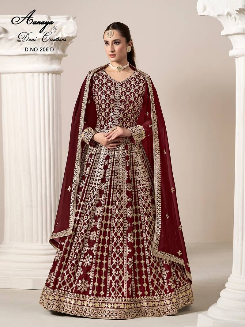 Maroon faux georgette embroidered anarkali salwar kameez 