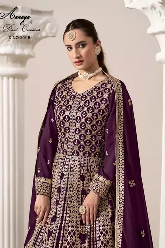 Burgundy faux georgette embroidered anarkali salwar kameez 