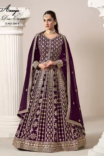 Burgundy faux georgette embroidered anarkali salwar kameez 